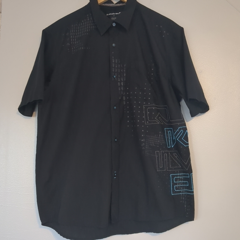 Quicksilver Shirt Mens Large Black Blue Pattern Preppy Surfer Business Casual